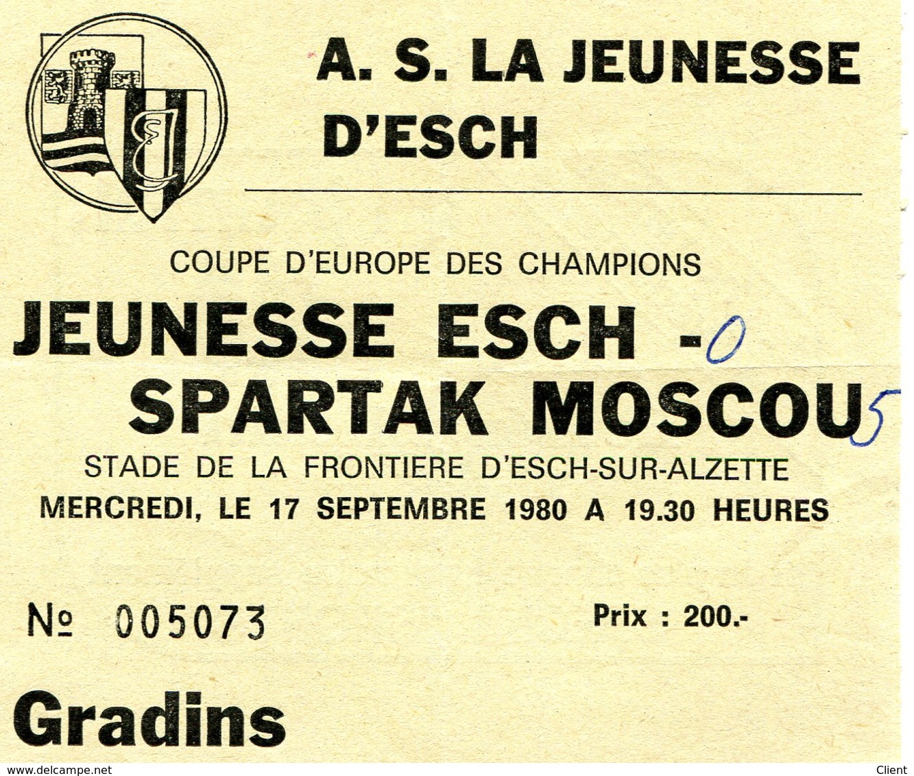 LUXEMBOURG - Football - Billet D'entrée - JEUNESSE ESCH - SPARTAK MOSCOU 1980 - RARE - Autres & Non Classés