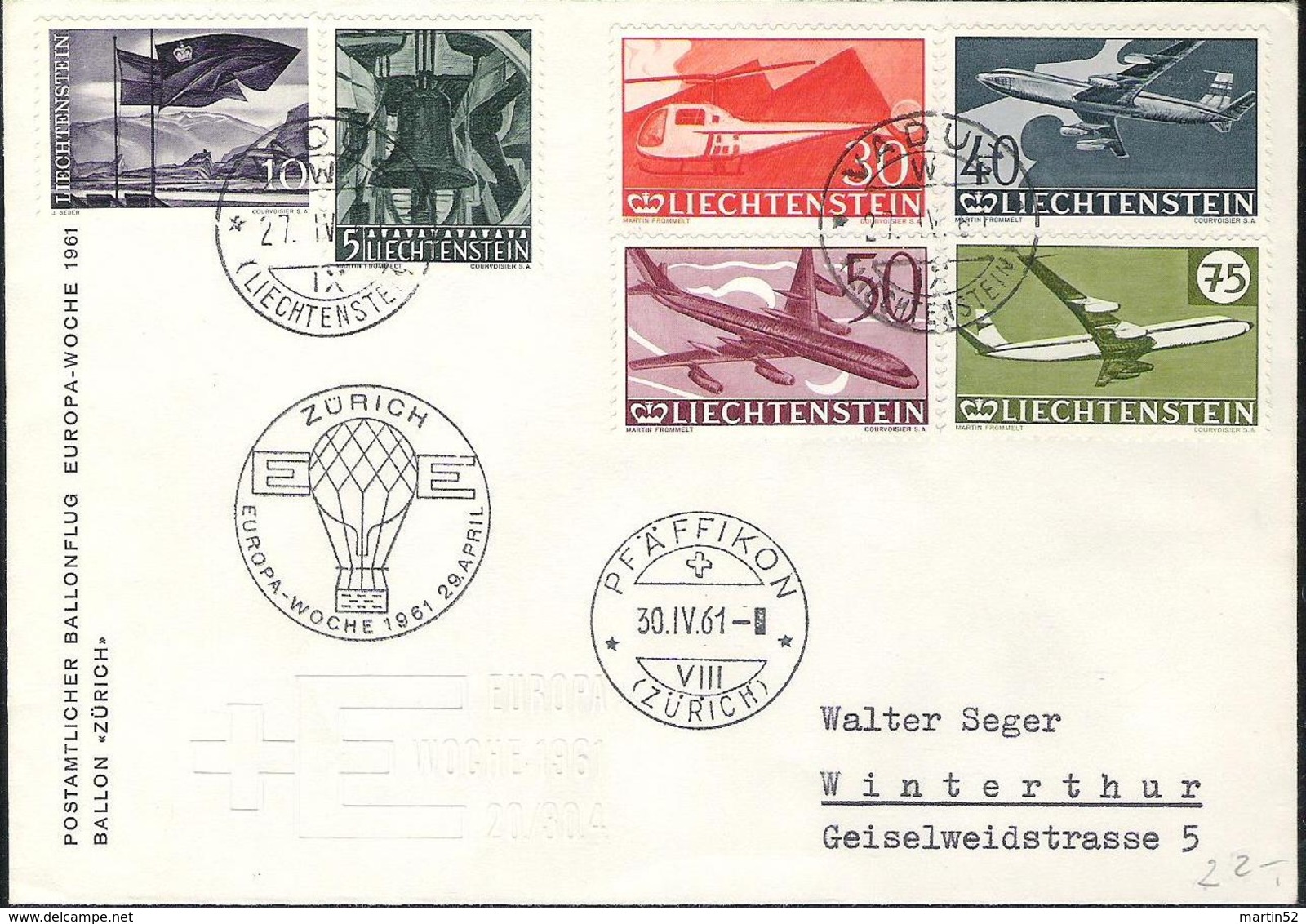 Liechtenstein 1961: Europa-Ballonflug Zürich-Pfäffikon Ab VADUZ 27.IV.61 Zu F34-37 Mi 391-394 Yv PA 34-37 (Zu CHF 35.00) - Poste Aérienne