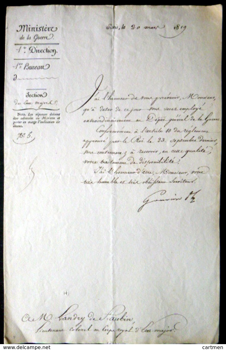 MINISTERE DE LA GUERRE 1819 MUTATION DE LANDRY DE SAINT AUBIN AU DEPOT GENERAL DE LA GUERRE - Documents