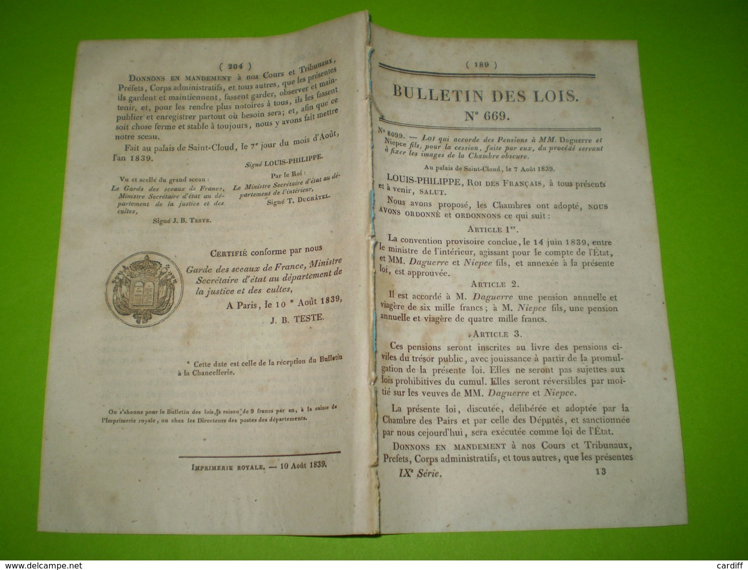 1839:procédé Photo: Pension à Daguerre Et Niepce Fils. Salle Favart. Emprunt Gironde, Marseille. Impôt Privas... - Gesetze & Erlasse