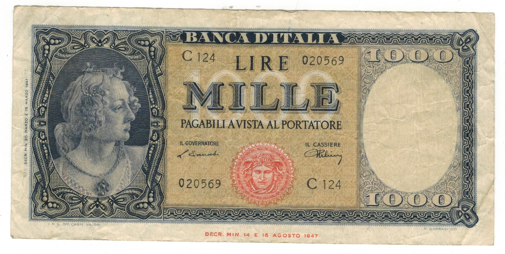 Italy 1000 Lire, P-88a, F/VF. - 1000 Liras