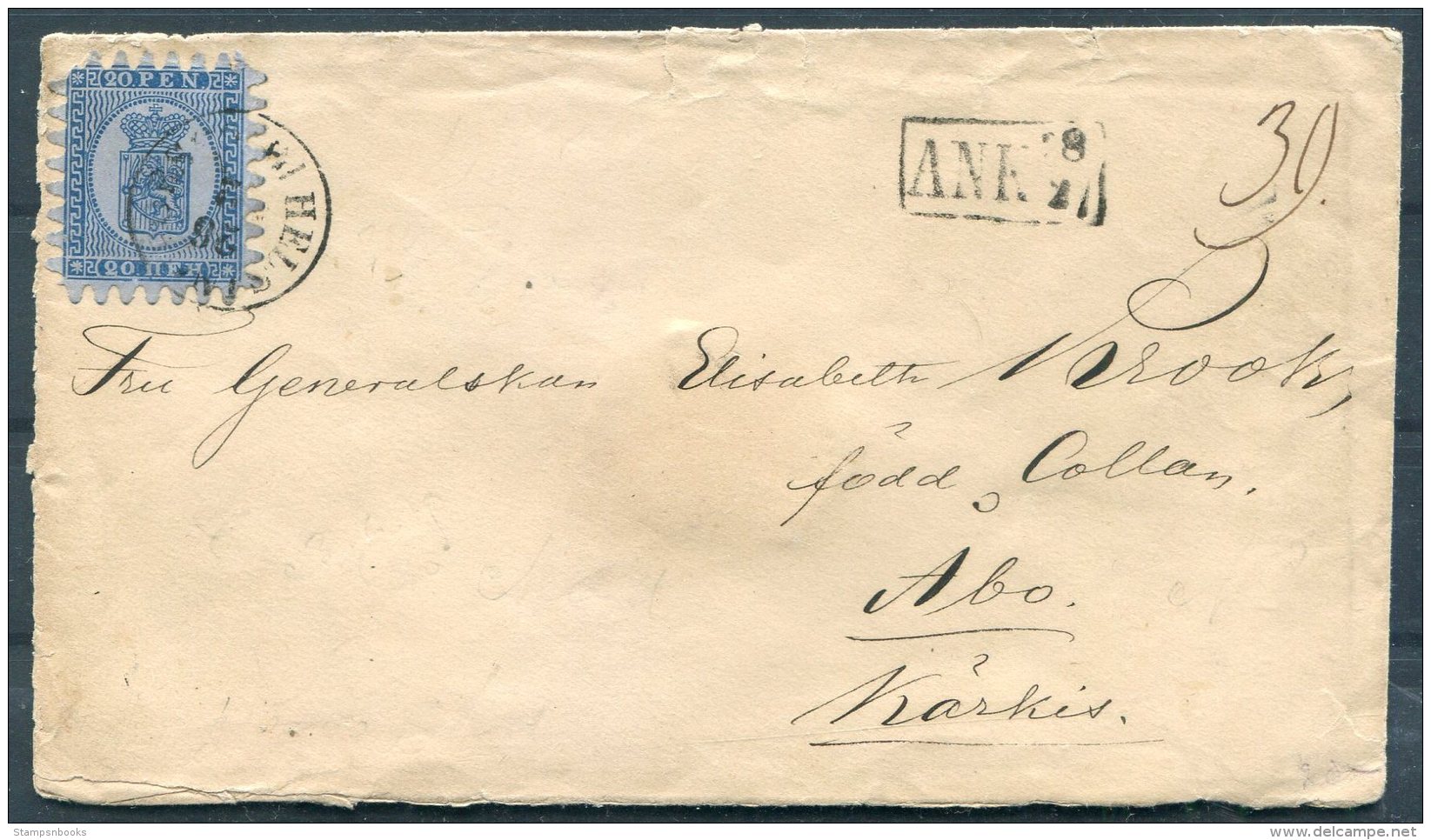 1867 (26th February) Finland Helsingfors - Abo Cover. 20p Blue - Covers & Documents