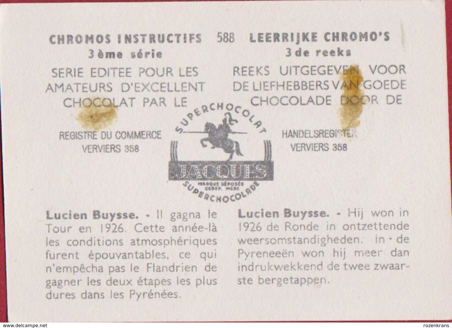 Chromo Lucien Buysse TOUR DE FRANCE RONDE VAN FRANKRIJK Cycling Cycliste Cyclisme Wielrenner Chocolade Jacques Nr 588 - Cyclisme
