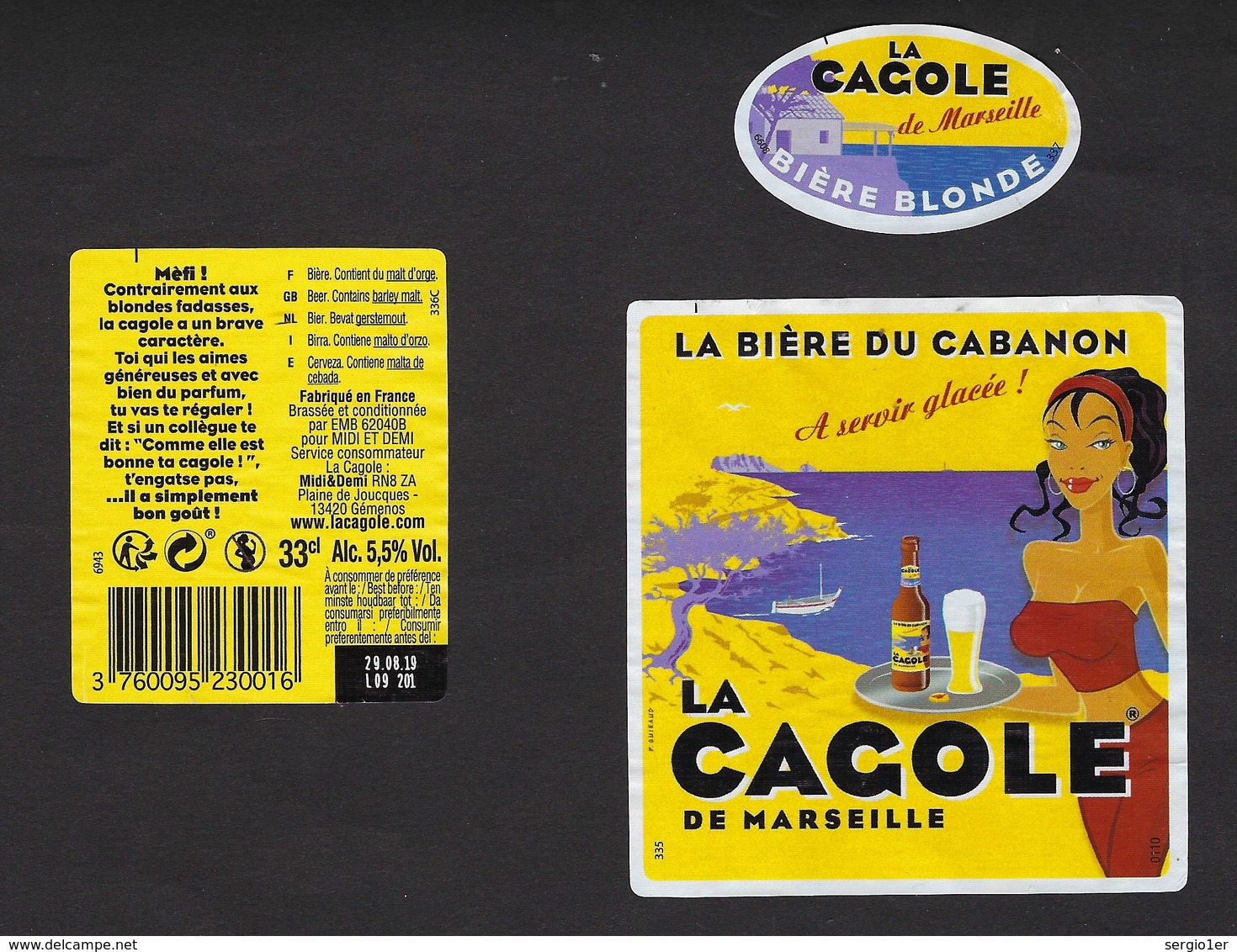 Etiquette Biere  Blonde De Marseille "La Cagole" 5,5% 33 Cl "femme Brune, Plateau De Bière à La Main" - Birra