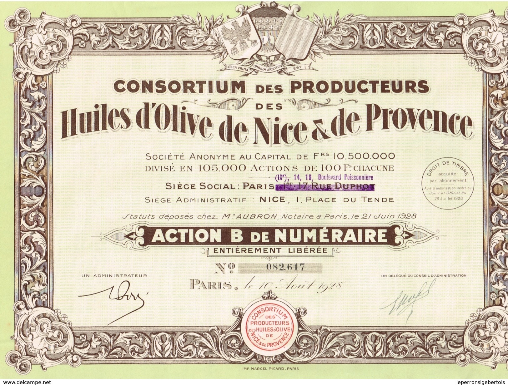 Action Ancienne - Consortium Des Producteurs Des Huiles D'Olive De Nice Et De Provence - Titre De 1928 N°082614 - Agriculture