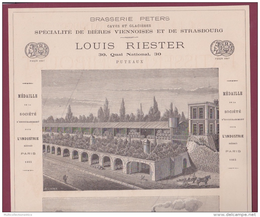 270718  Document 1878 Pub BRASSERIE PETERS Bière Viennoise Strasbourg L RIESTER 30 Quai National PUTEAUX Usine Expo 1867 - Bier