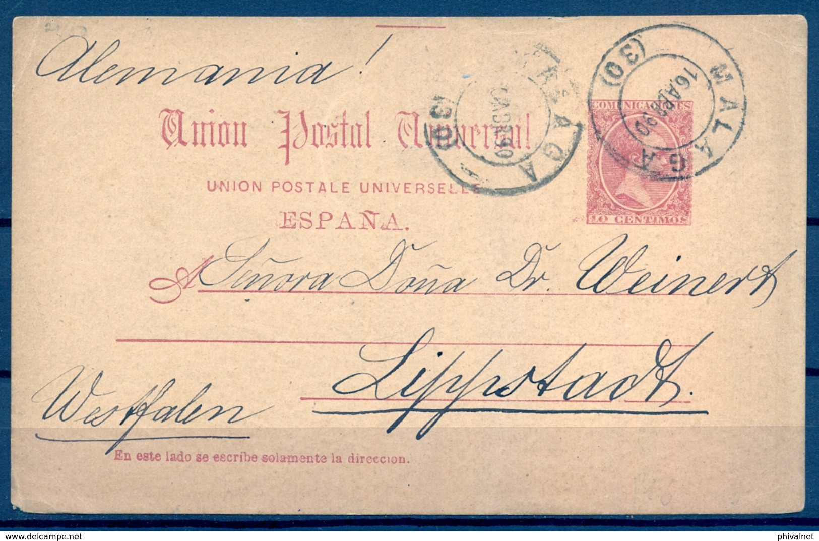 1890 , ENTERO POSTAL ED. 21 , MALAGA - LIPPSTADT - 1850-1931