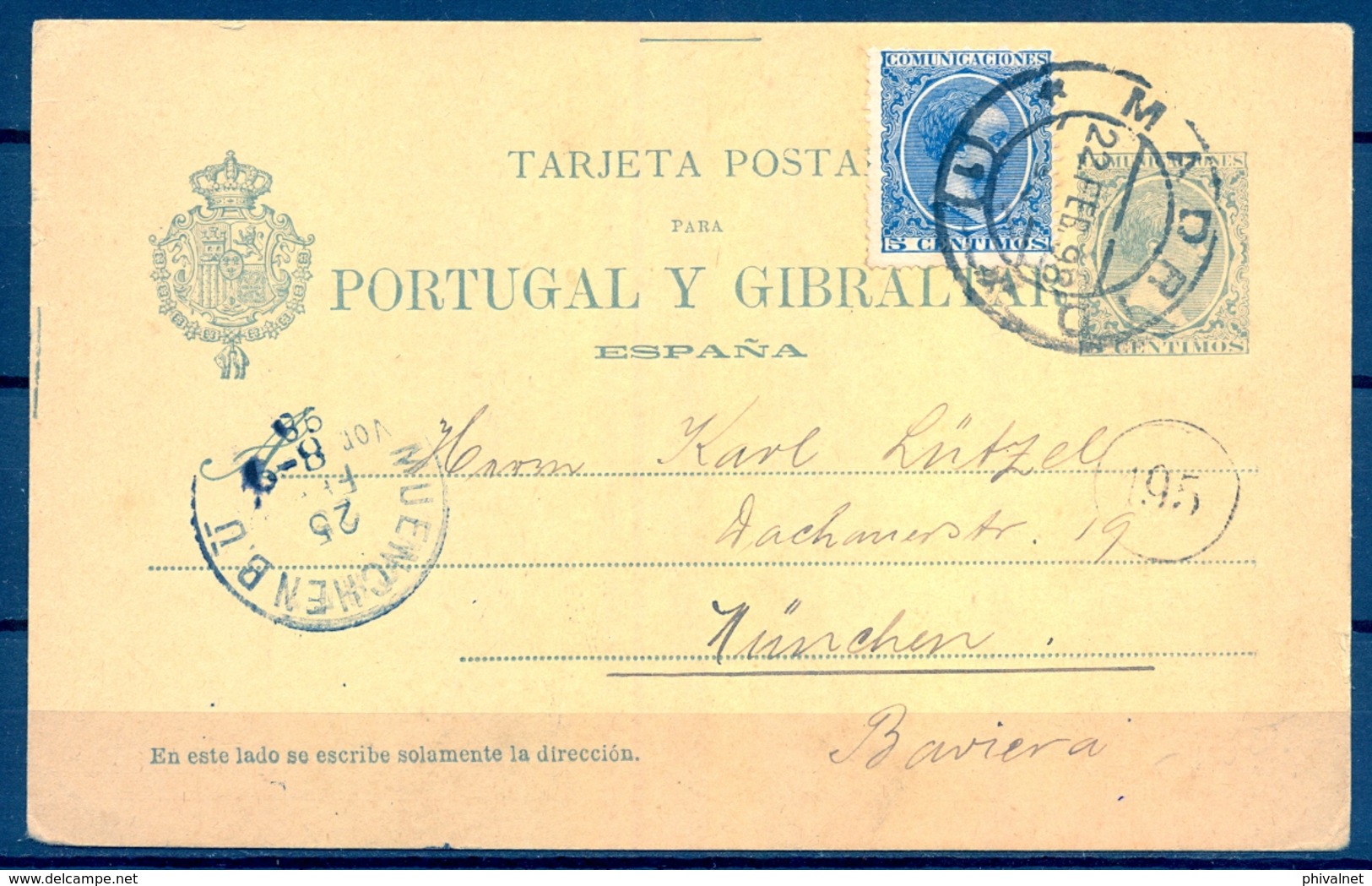 1898 , ENTERO POSTAL ED. 34 , MADRID - MÜNICH , FRANQUEO COMPLEMENTARIO , LLEGADA - 1850-1931