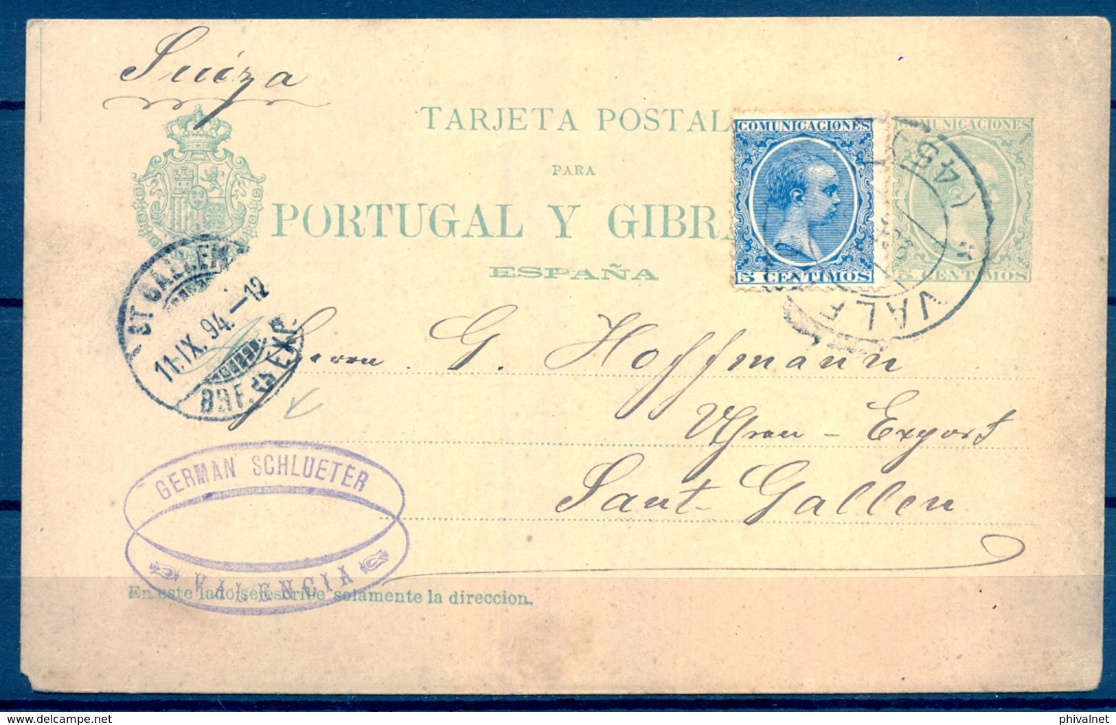 1894 , ENTERO POSTAL ED. 34 , VALENCIA - SANT GALLEN , FRANQUEO COMPLEMENTARIO , LLEGADA - 1850-1931