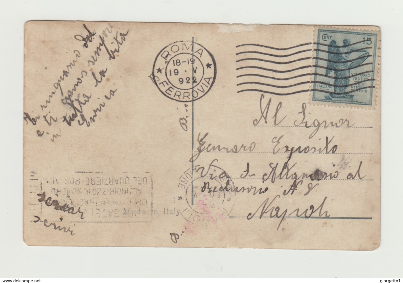 LINGUAGGIO DEI FRANCOBOLLI CARTOLINA VIAGGIATA 1922 VERSO NAPOLI - 15 CENT VITTORIO VENETO - POSTCARD - Francobolli (rappresentazioni)