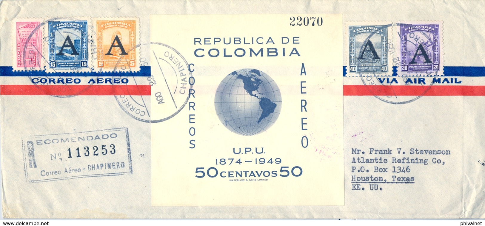 1950 , COLOMBIA , CHAPINERO - HOUSTON , SOBRE CIRCULADO , INTERESANTE FRANQUEO , TRÁNSITOS , LLEGADA - Colombia