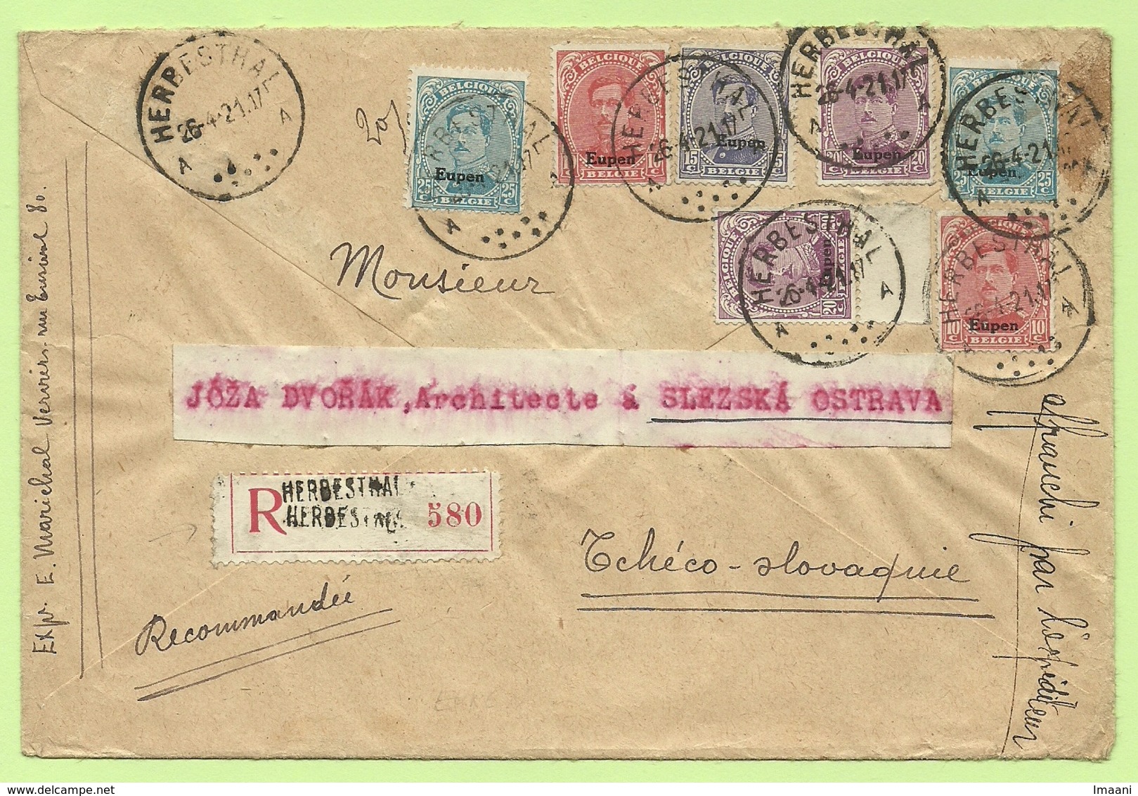 BZ 88+89+90+91 (opdruk Eupen) Op Brief AANGETEKEND Stempel HERBESTHAL !!!!! RARE   (B8640) - OC55/105 Eupen & Malmédy