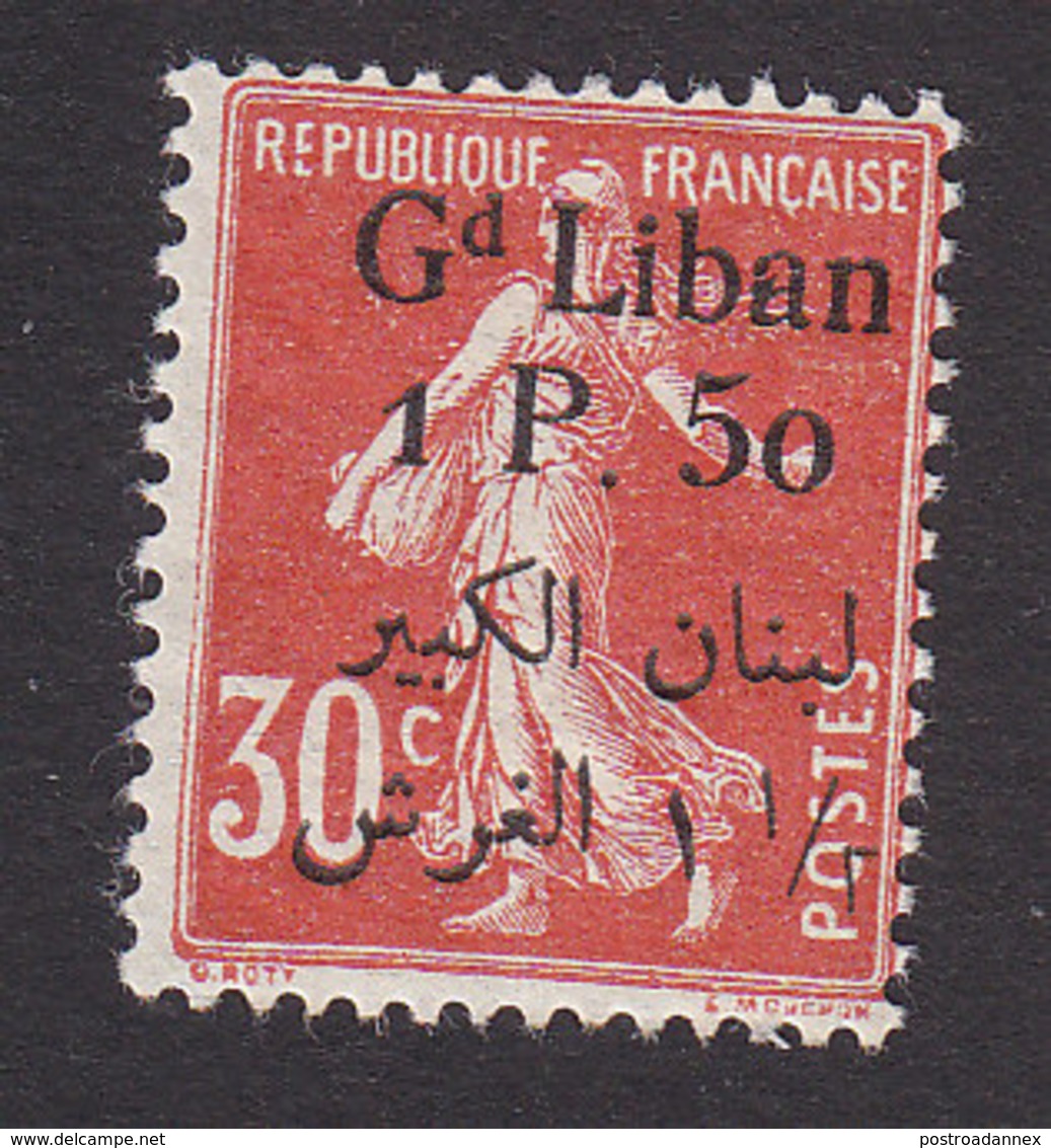 Great Lebanon, Scott #28, Mint Hinged, French Stamp Surcharged, Issued 1924 - Unused Stamps