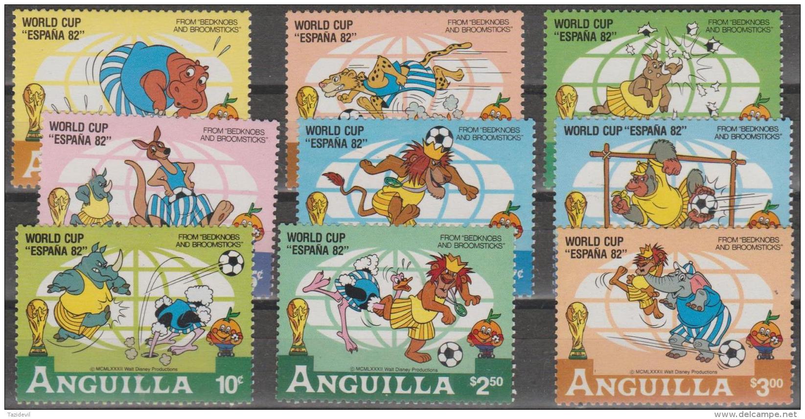 ANGUILLA - 1982 World Cup Soccer. Disney, Complete Set. Scott 492-500. MNH - Anguilla (1968-...)