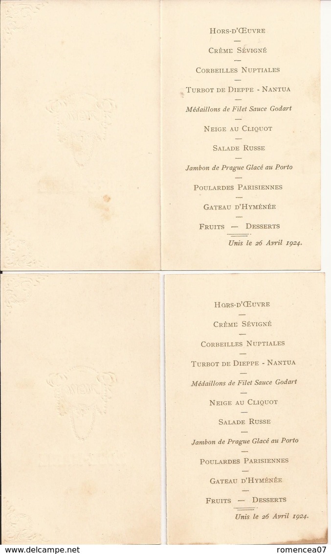 MENU - Lot Des 2 Menus De M Et Me Brucifix - Mariage Entre Raymond Et Rose-Marie - Le 26 Avril 1924 - A Voir T - Menus