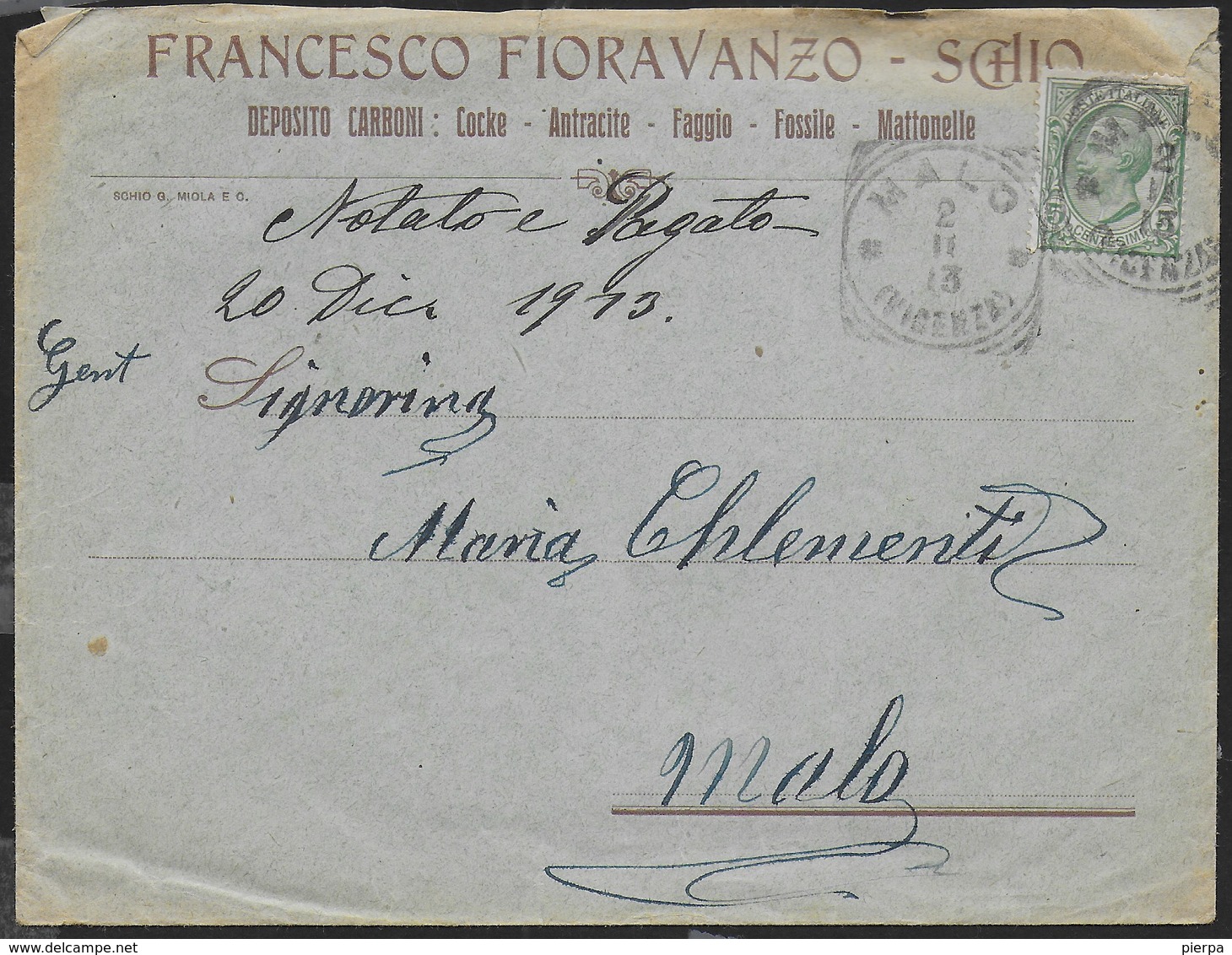 STORIA  POSTALE REGNO - ANNULLO TONDO RIQUADRATO MALO/(VICENZA)(p.3) SU BUSTA INTESTATA 02.11.1913 - Marcophilie