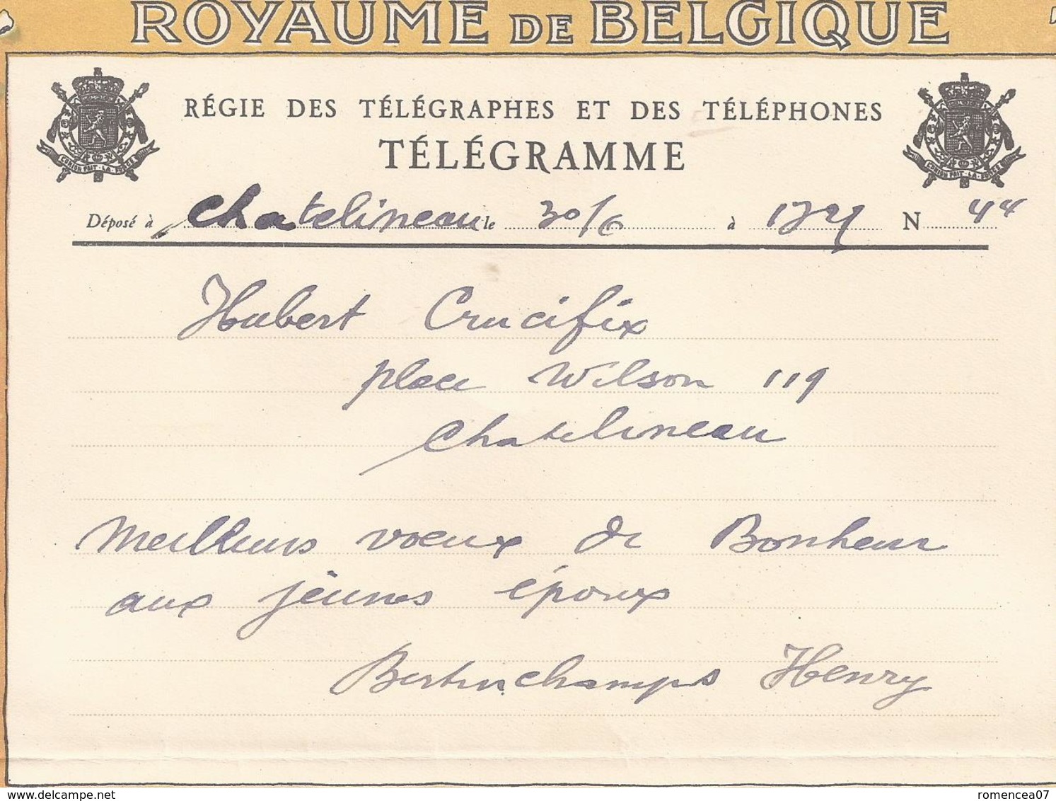 CHÂTELINEAU (Châtelet, Belgique) - "TELEGRAMME" De FELICITATIONS Suite Mariage - Royaume De Belgique    Le 30 Juin 1921 - Mariage