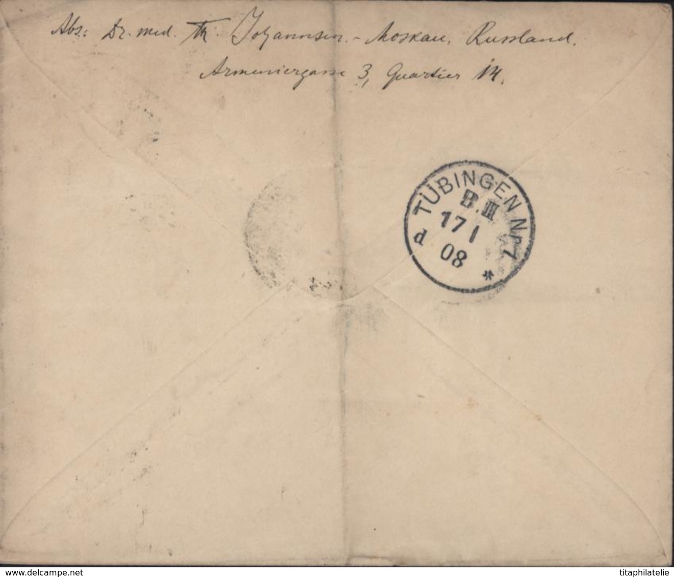 Russie Entier Enveloppe Russe 10 K Bleu Aigle U34B Départ Moscou 1 1 08 Arrivée Tubingen NR1 B III 17 01 08 - Interi Postali