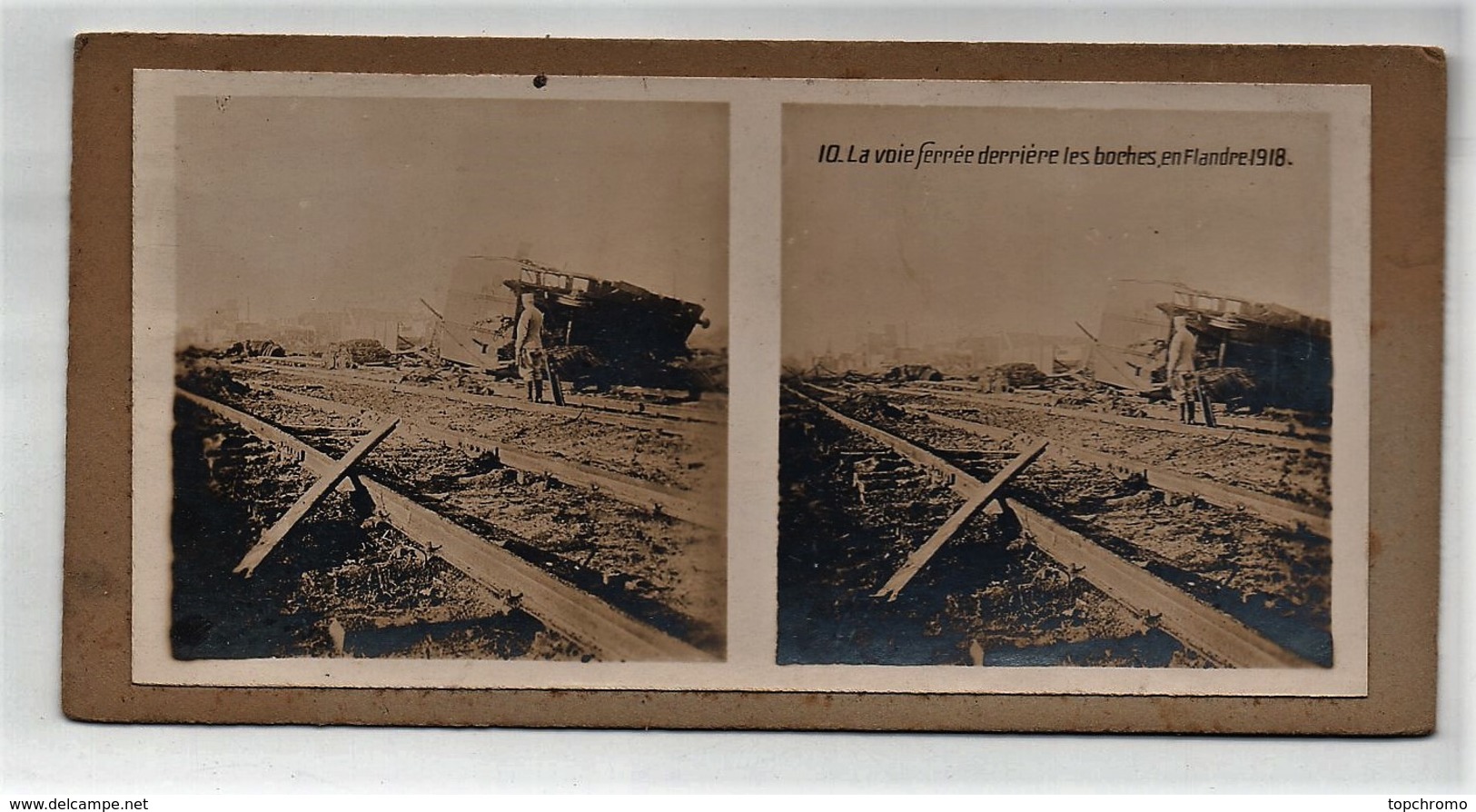 Ancienne CARTE Vue Stéréoscopique Guerre 1914-18 La Voie Ferrée Derrière Les Boches En Flandre 1918 - Photos Stéréoscopiques