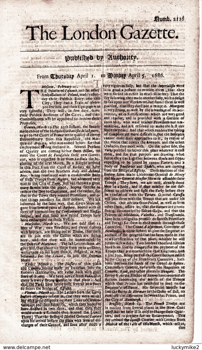 1686 London Gazette, Number 2126,  An Early, Single Sheet Newspaper.  Ref 0562 - Historical Documents