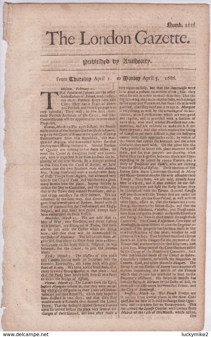 1686 London Gazette, Number 2126,  An Early, Single Sheet Newspaper.  Ref 0562 - Documents Historiques