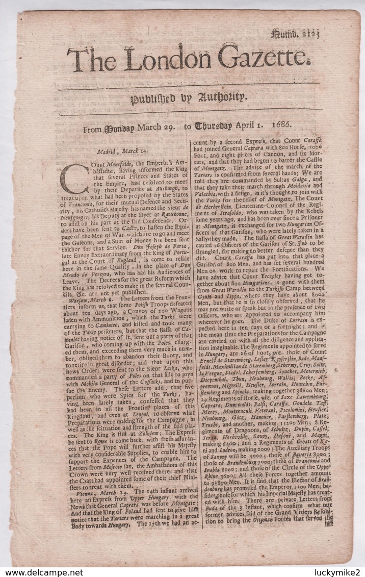 1686 London Gazette, Number 2125,  An Early, Single Sheet Newspaper.  Ref 0563 - Documentos Históricos