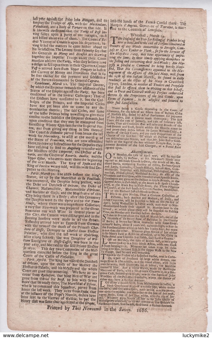 1686 London Gazette, Number 2125,  An Early, Single Sheet Newspaper.  Ref 0563 - Historical Documents