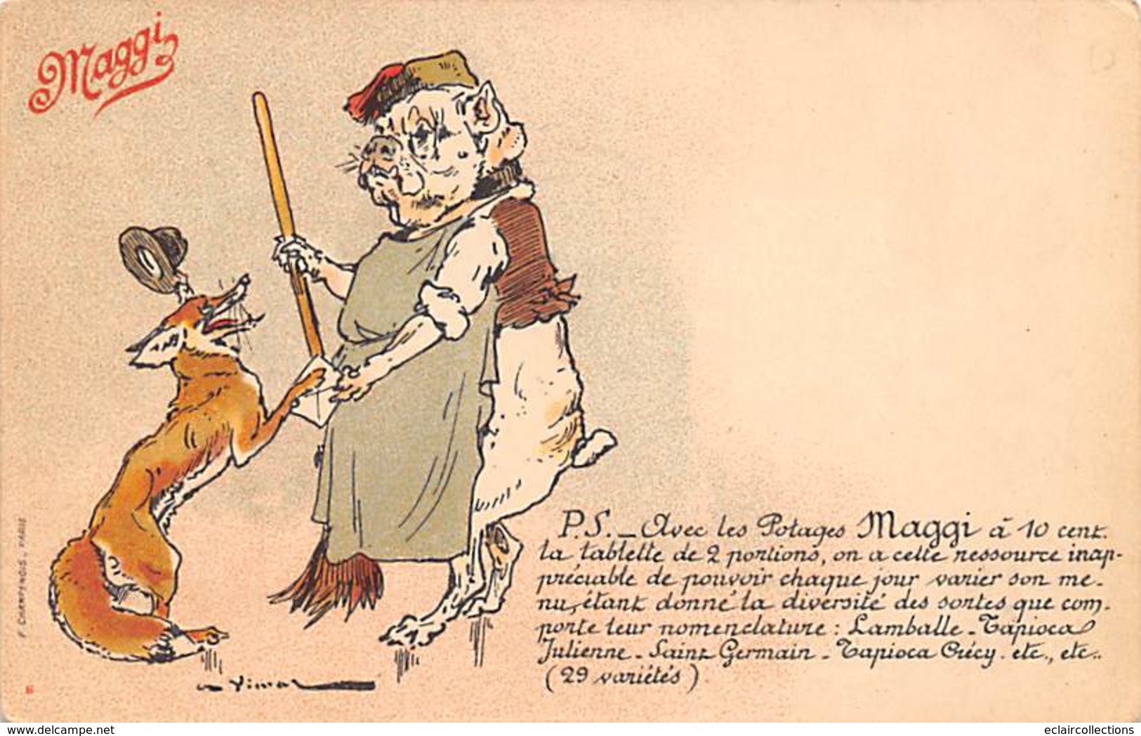 Thème Publicité  Alimentaire Ou Vues.   Maggi Illustrée Chien Et Renard.  Voir Dessin Original Au Recto  (voir Scan) - Autres & Non Classés