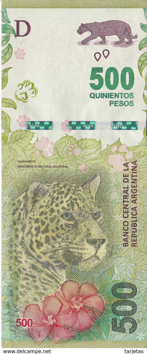 BILLETE DE ARGENTINA DE 500 PESOS DEL AÑO 2016 EN CALIDAD EBC (XF) (BANKNOTE) YAGUARETE - Argentina