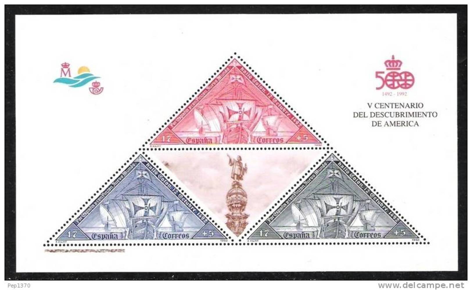 ESPAÑA 1992 - 5º CENTENARIO DEL DESCUBRIMIENTO DE AMERICA - Edifil Nº 3163 - Yvert Block 48 - Unused Stamps