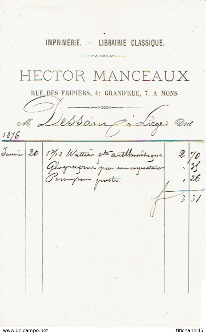 Facture 1876 MONS - HECTOR MANCEAUX - Imprimerie - Lithographie - Librairie - ... - 1799