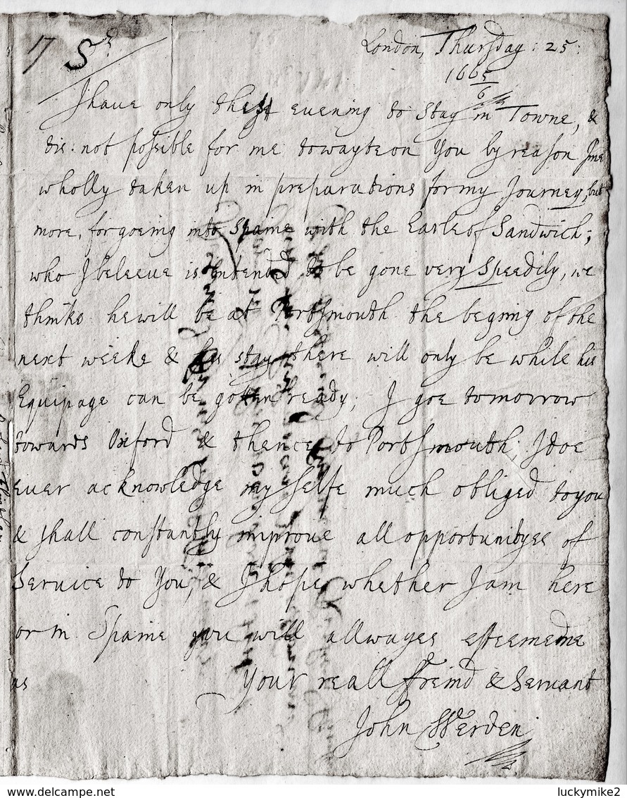 1666 Signed Letter From "(Sir) John Werden (1640-1716), London" To "John Kempthorne, Tower Hill". With Transcripts. 0564 - Other & Unclassified