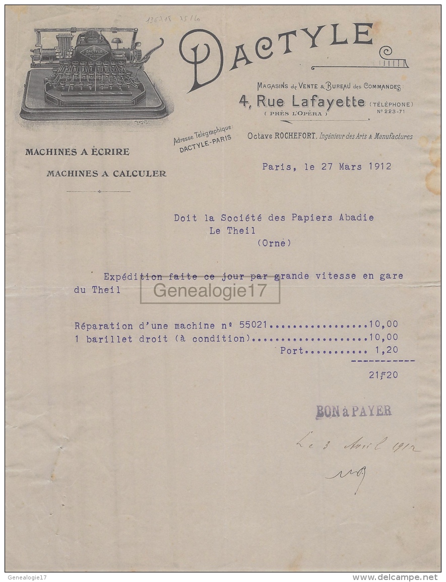 75 20 964 PARIS SEINE 1912 Machines A Ecrire Calculer DACTYLE Rue Lafayette Ingenieur OCTAVE ROCHEFORT A Abadie - 1900 – 1949