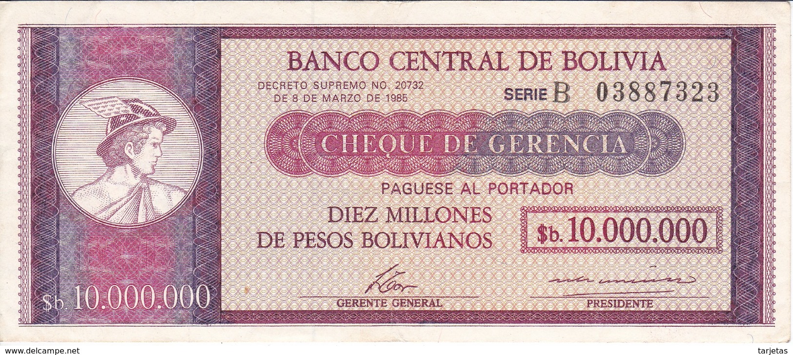 BILLETE DE BOLIVIA DE 10000000 PESOS BOLIVIANOS  DEL AÑO 1985 (RARO) - Bolivia