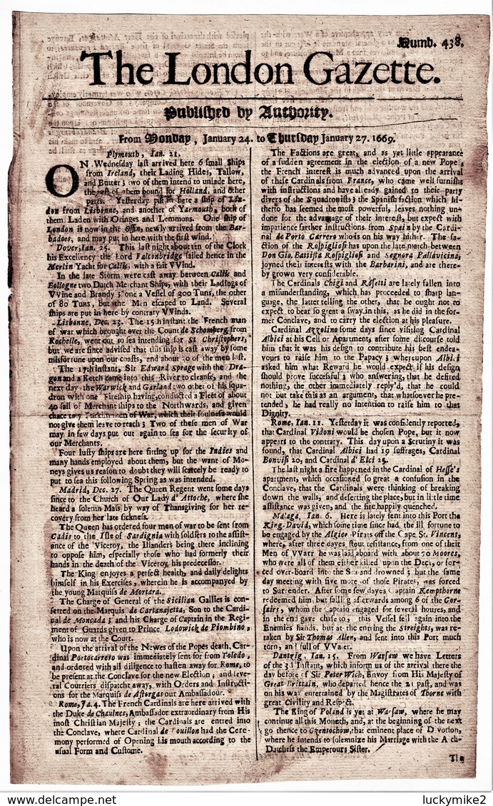 1669 London Gazette, Number 438,  An Early, Single Sheet Newspaper.  Ref 0565 - Documents Historiques