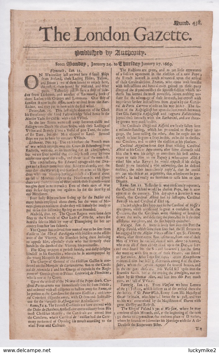 1669 London Gazette, Number 438,  An Early, Single Sheet Newspaper.  Ref 0565 - Historical Documents