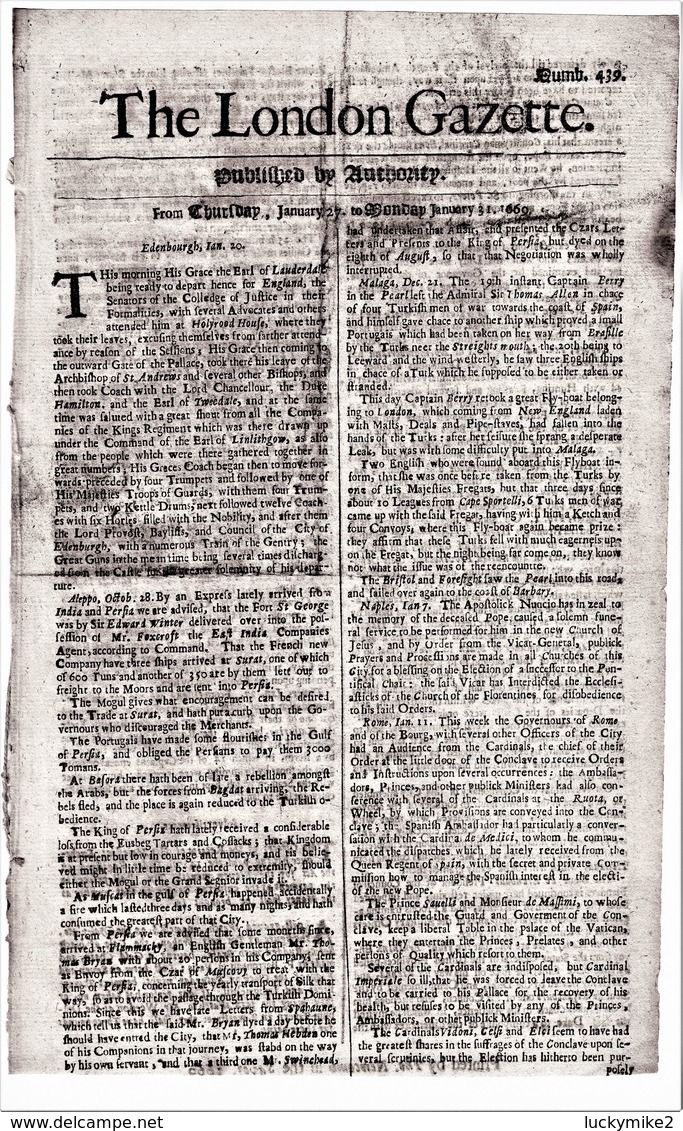 1669 London Gazette, Number 439,  An Early, Single Sheet Newspaper.  Ref 0566 - Historical Documents