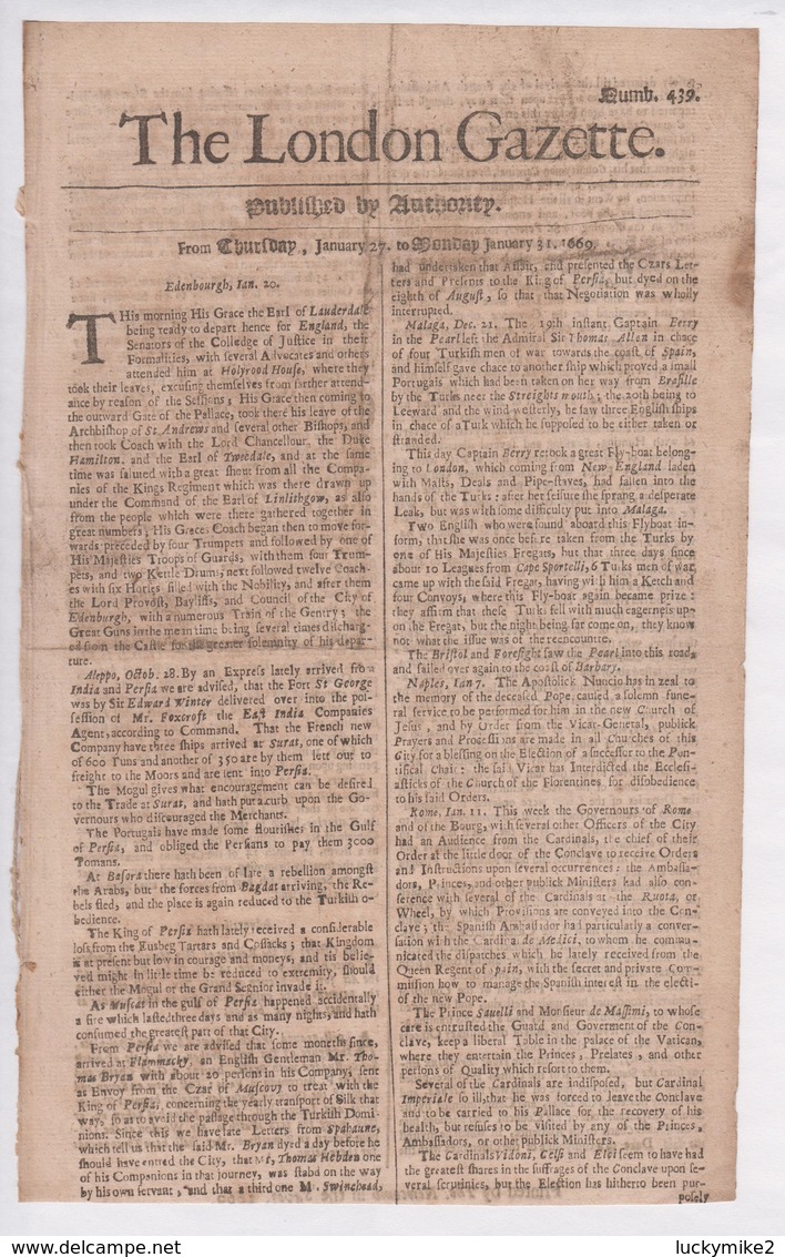 1669 London Gazette, Number 439,  An Early, Single Sheet Newspaper.  Ref 0566 - Historical Documents