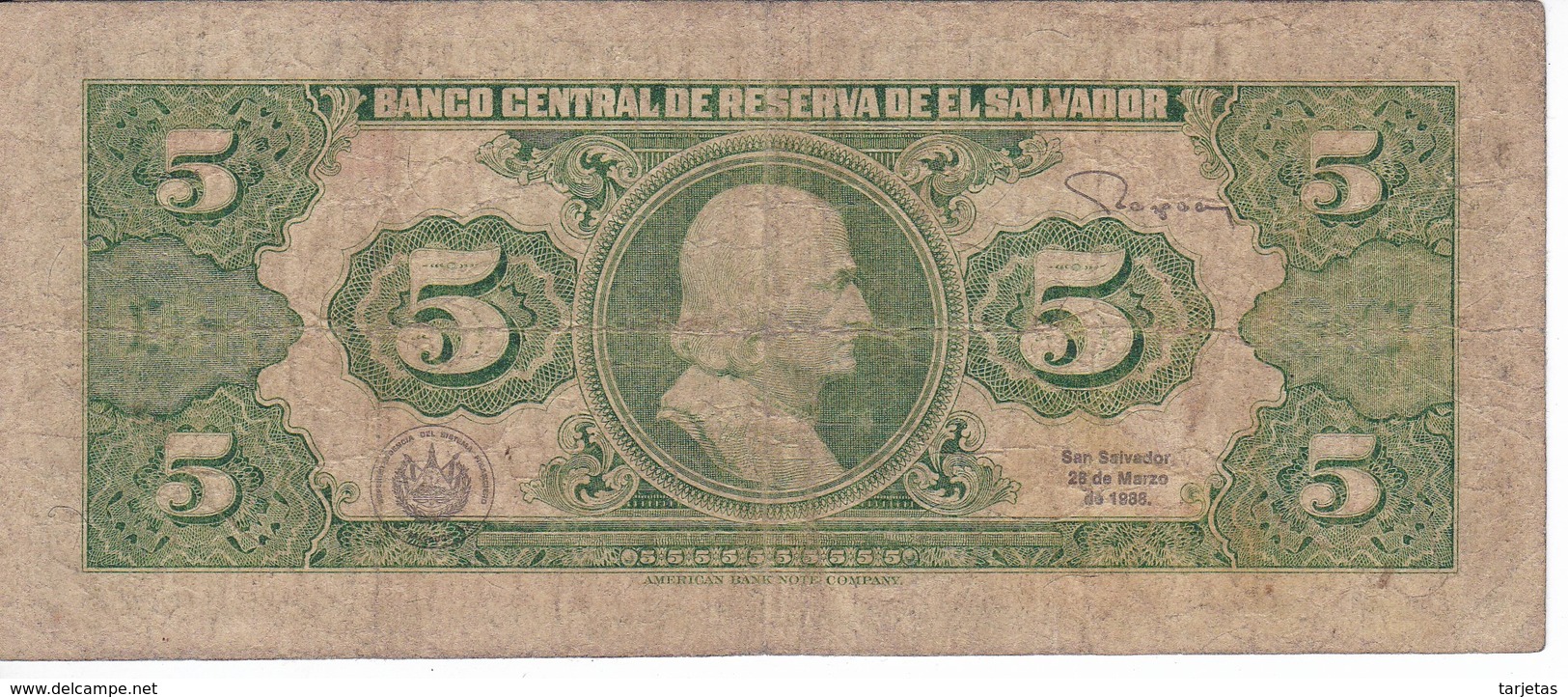 BILLETE DE EL SALVADOR DE 5 COLONES DEL AÑO 1988 DE CRISTOBAL COLON   (BANKNOTE) - Salvador