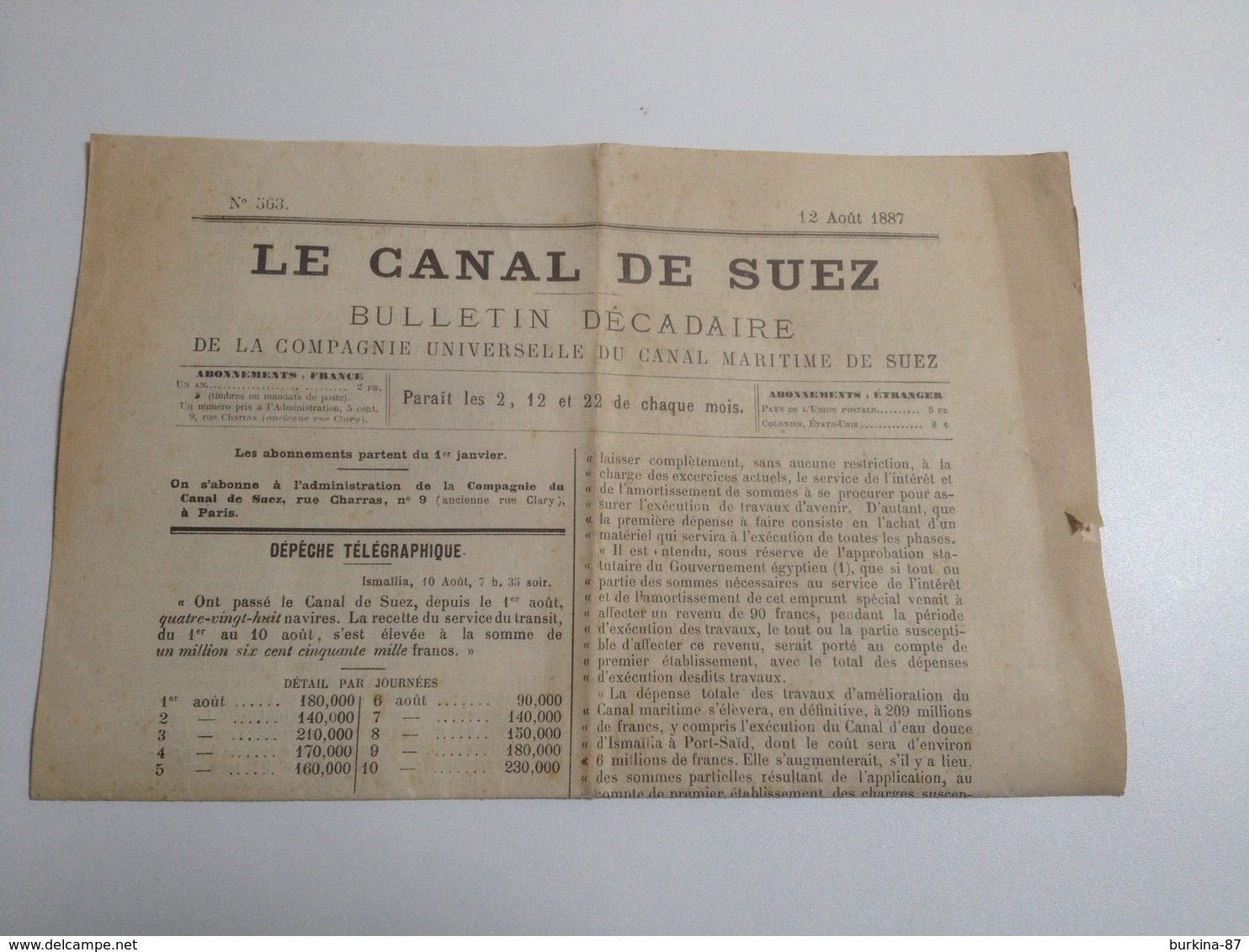 Le Canal De SUEZ, Bulletin Décadaire De La Compagnie ,1887 - Autres & Non Classés