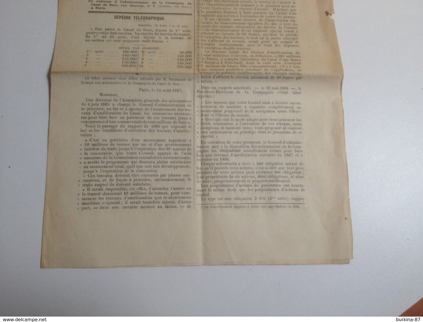 Le Canal De SUEZ, Bulletin Décadaire De La Compagnie ,1887 - Autres & Non Classés