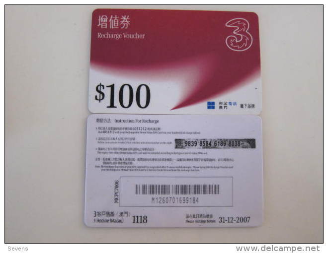 Macau Recharge Phonecard,Recharge Voucher $100,used - Macau