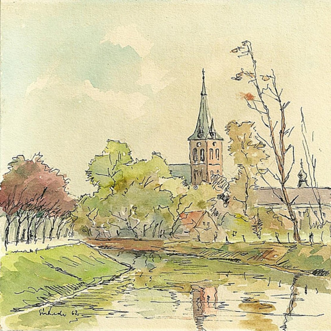 Landscape Watercolour - Old Spire Church - Vintage Landscape Painting 1962 - Pen & Ink Drawing - French - German. - Watercolours