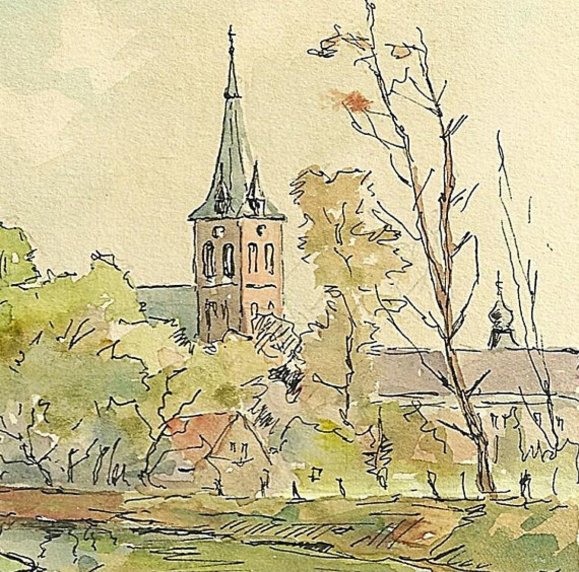 Landscape Watercolour - Old Spire Church - Vintage Landscape Painting 1962 - Pen & Ink Drawing - French - German. - Watercolours