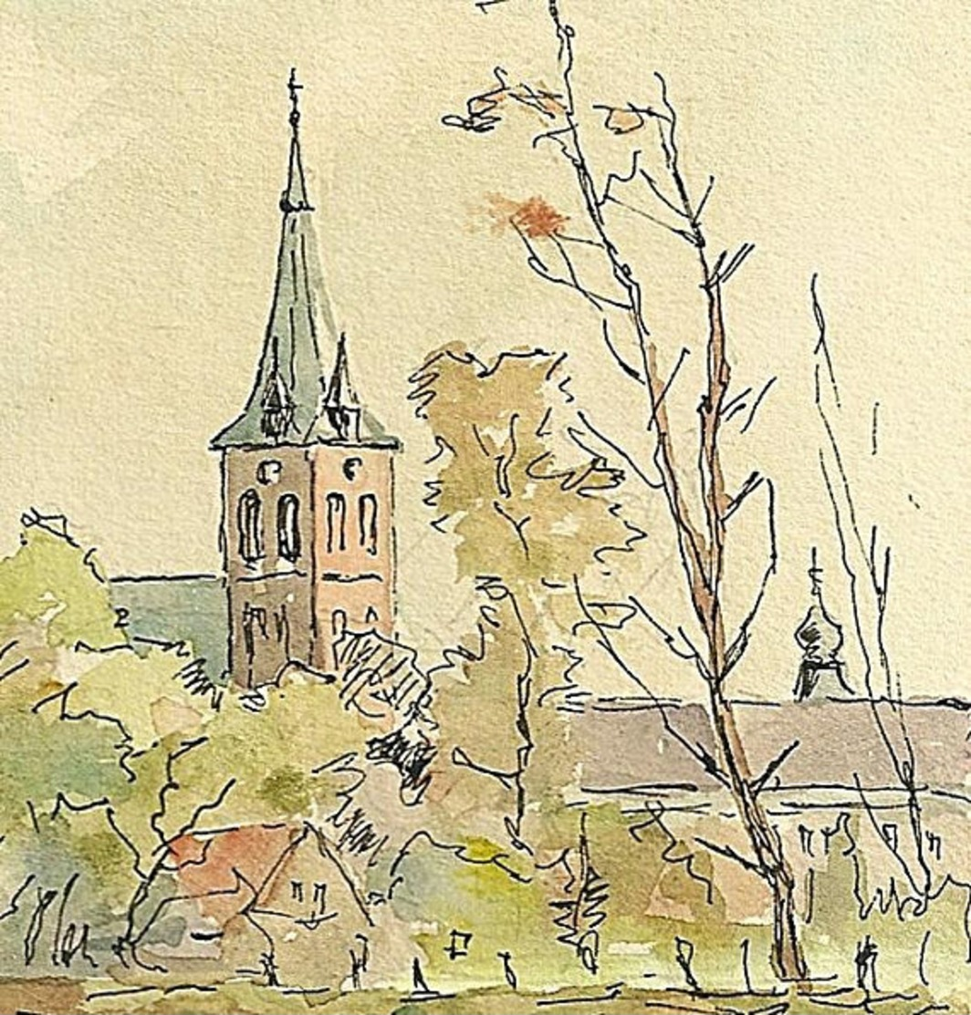 Landscape Watercolour - Old Spire Church - Vintage Landscape Painting 1962 - Pen & Ink Drawing - French - German. - Watercolours