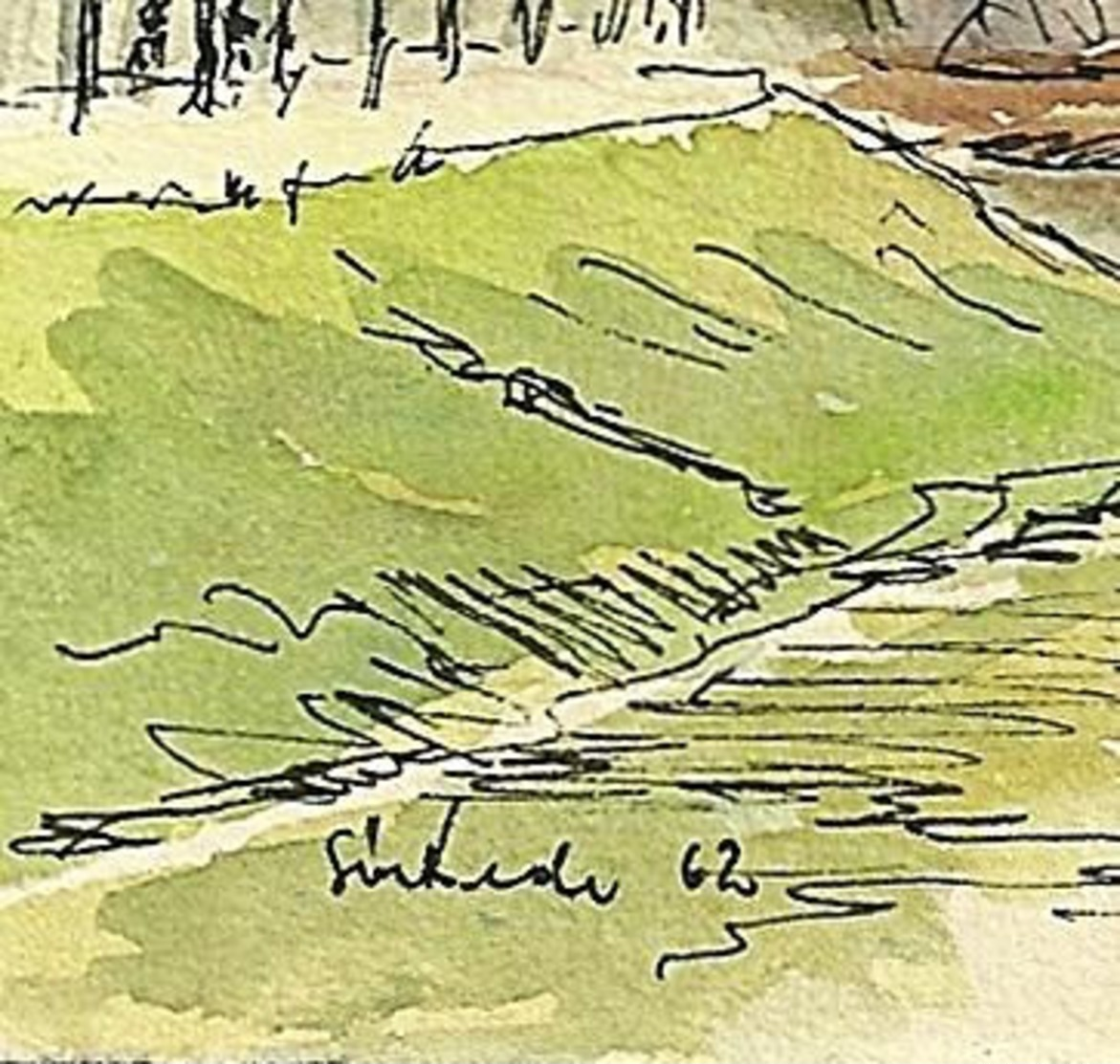 Landscape Watercolour - Old Spire Church - Vintage Landscape Painting 1962 - Pen & Ink Drawing - French - German. - Watercolours