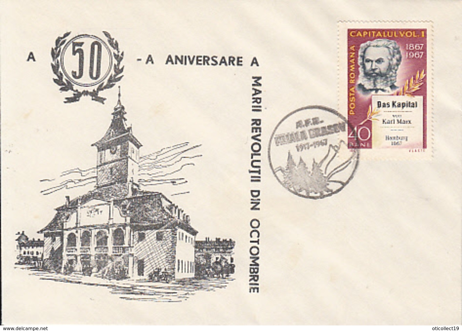 GREAT OCTOBER SOCIALIST REVOLUTION ANNIVERSARY, SPECIAL COVER, KARL MARX STAMP, 1967, ROMANIA - Covers & Documents