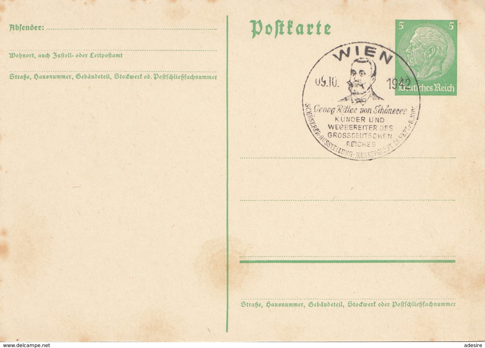 DEUTSCHES REICH 1943 - 5 Pfg Hellgrün Deutsches Reich Auf Postkarte Mit Sonderstempel "Georg Ritter Von Schönerer" - Briefe U. Dokumente