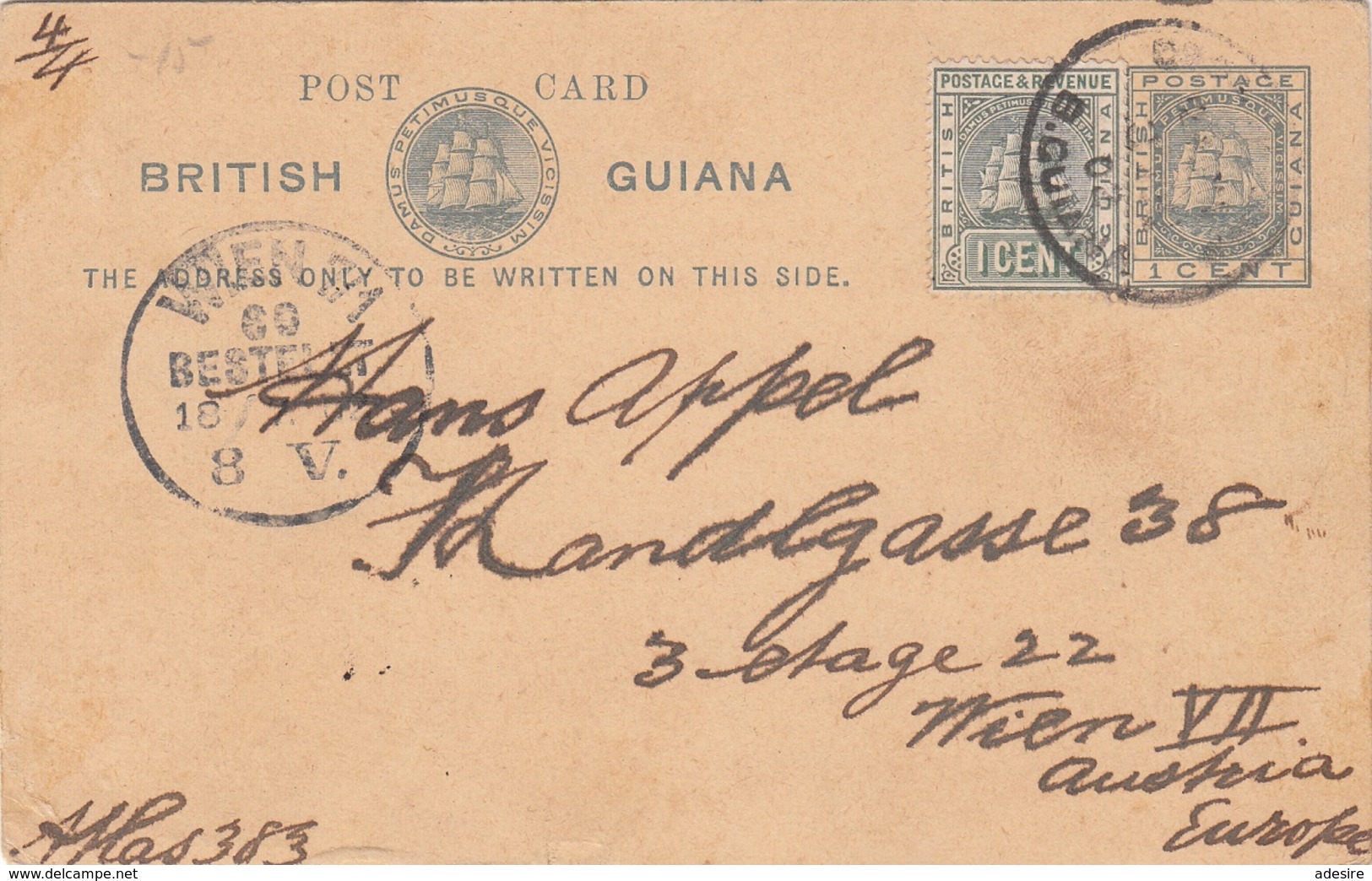 BRITISH GUIANA 1902 - 1 C Ganzsache + 1 C Zusatzfr.auf Postkarte Gel1902 Von B.Guiana > Wien - British Guiana (...-1966)