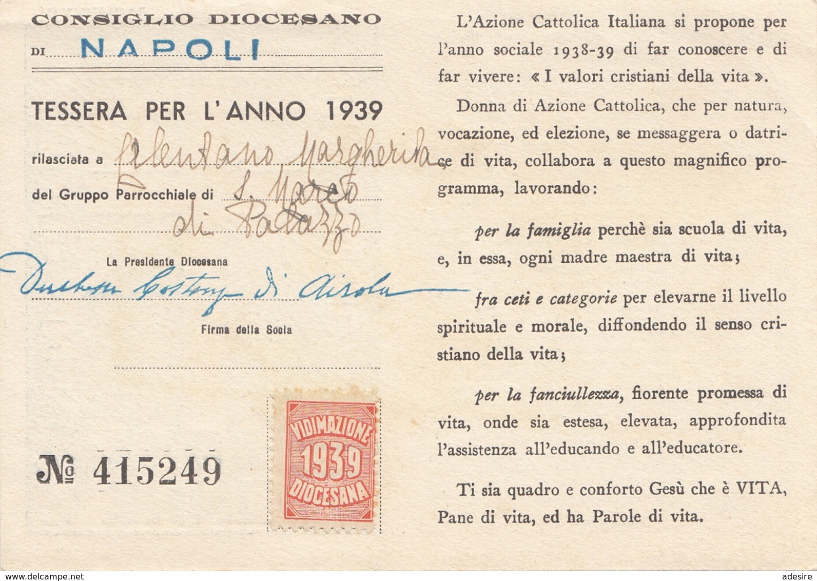 AZIONE CATOLICA ITALIANA - Consiglio Diocesano NAPOLI Tessera Per L'Anno 1939 - Ganzsachen